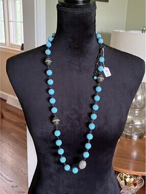 Joan Boyce Turquoise Blue Bead and Crystal Statement Necklace